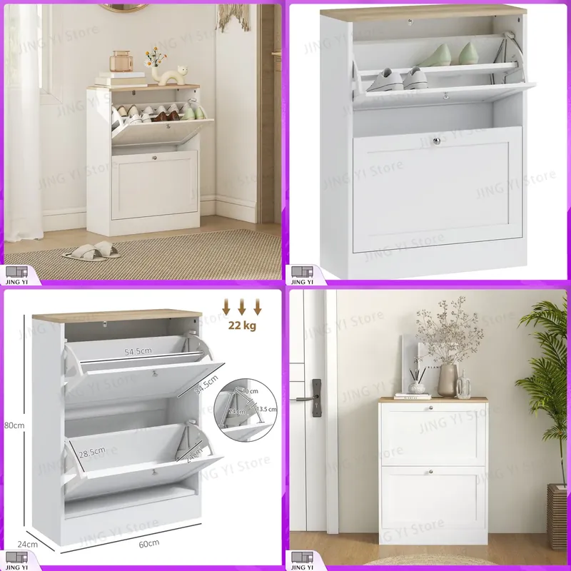 Shoe Rack Cabinet Narrow Entryway - Schmaler Schuhschrank mit 2 Klappschubladen, verstellbaren