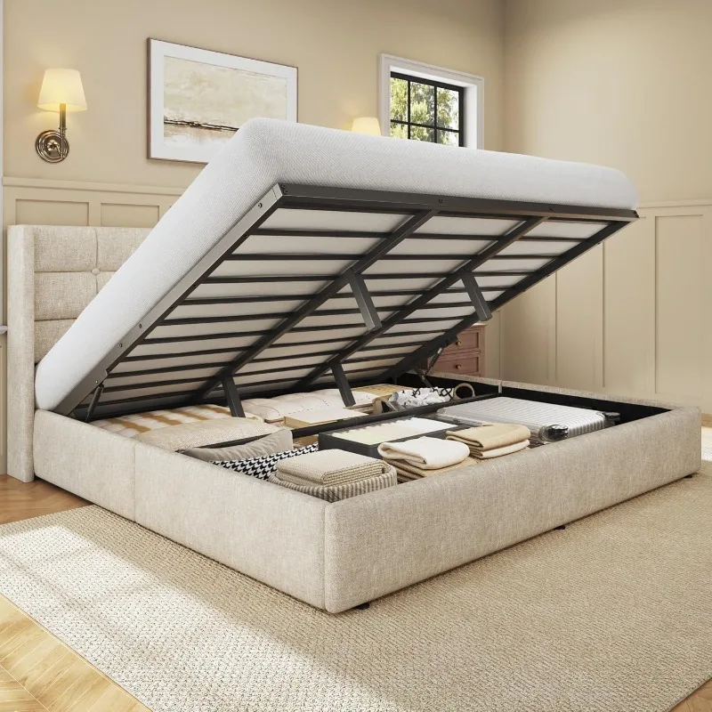 Gas Lift Storage Bed Hydraulic - HISOFT Kingsize-Bett mit Stauraum, Leinenbezogenes Plattformbett