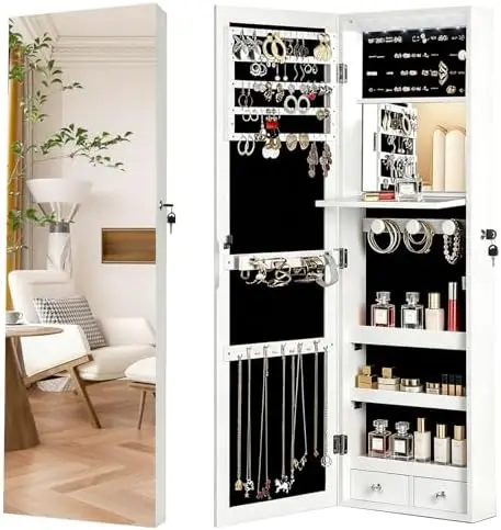 Full Length Mirror Jewelry Armoire - mit Ganzkörperspiegel, 6 automatischen LED-Leuchten, Wand-