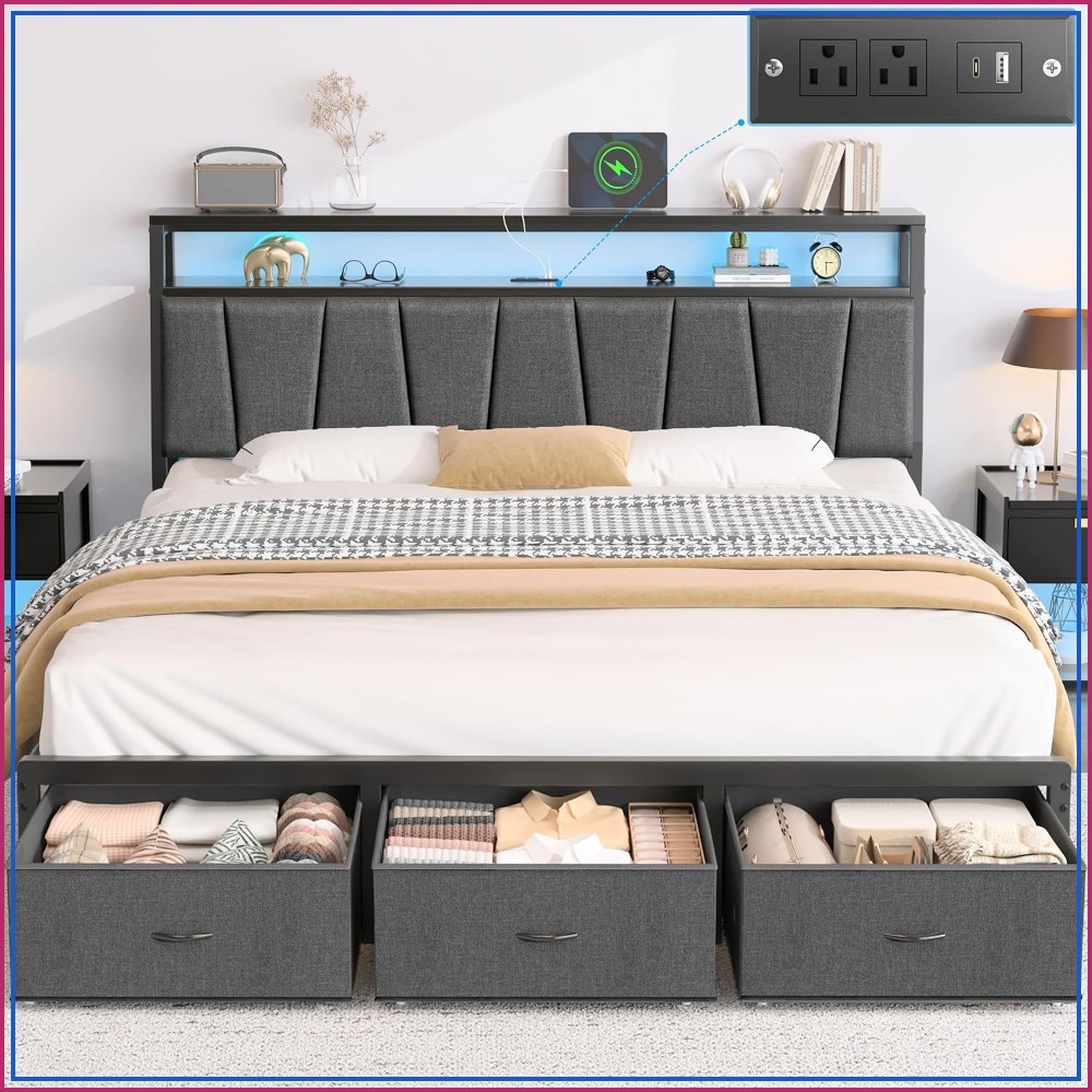 King Size Bed Frame With Storage Drawers - Kingsize-Bettgestell mit Stauraum-Kopfteil und 3 Schubladen,