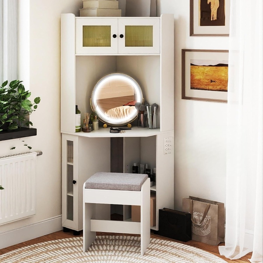 Dressing Table Vanity With Lighted Mirror - Eck-Schminktisch mit Spiegelbeleuchtung, kompakter Schminktisch mit