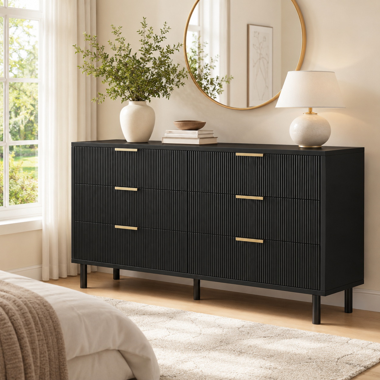 Bedroom Furniture - Geriffelte 6-Schubladen-Kommode mit Metallbeinen Breiter Aufbewahrungsschrank