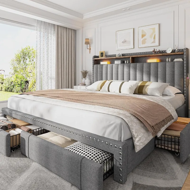 King Size Bed Frame With Storage Drawers - EnHomee Polsterbett mit Kingsize-Bettgestell, 4 Schubladen,