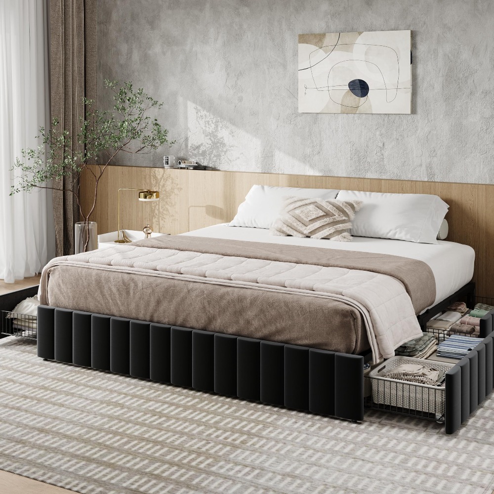 King Size Bed Frame With Storage Drawers - King-Size-Plattformbettgestell mit 4 großen Aufbewahrungsschubladen, vertikal