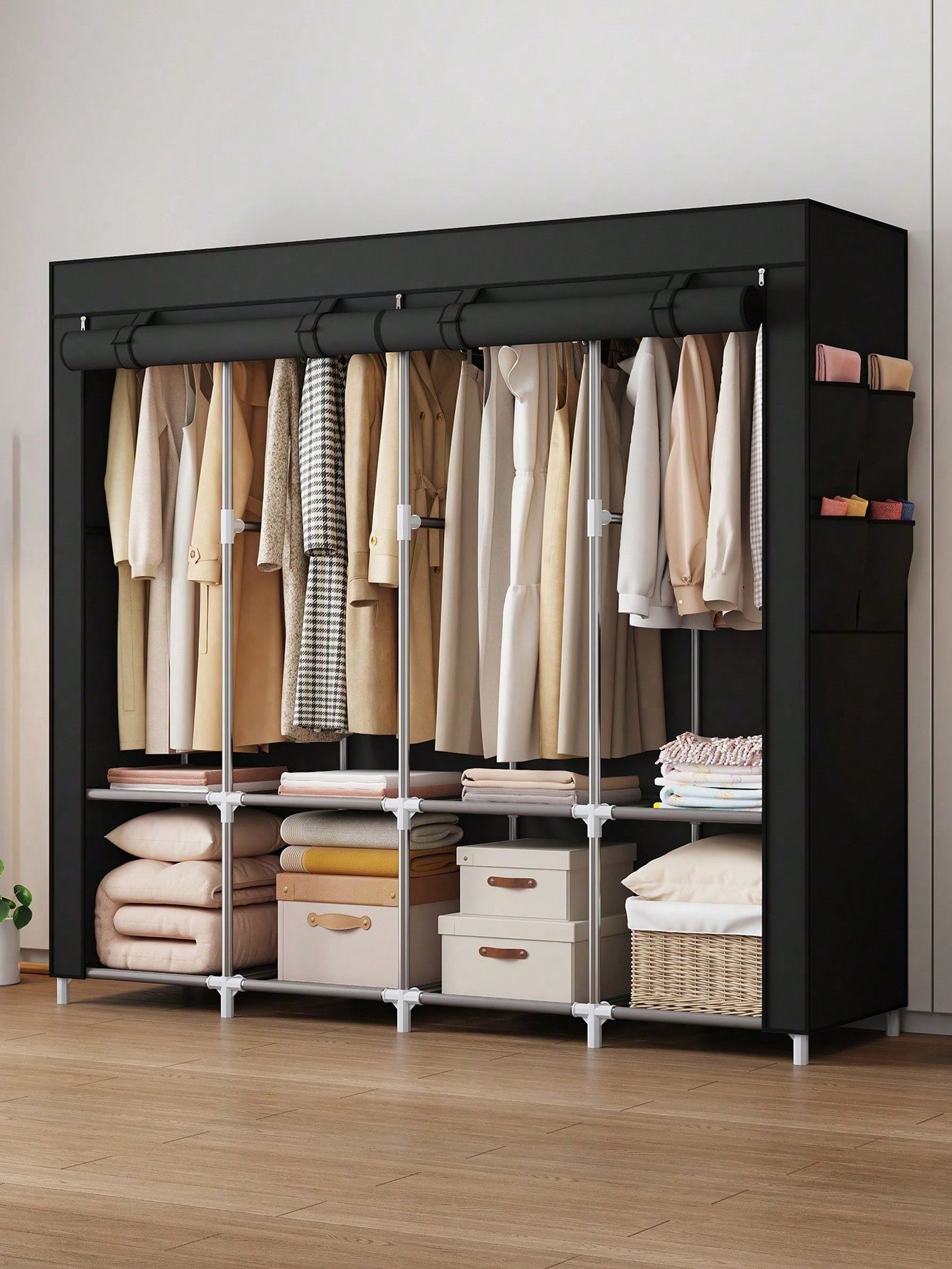 Wardrobe Closet Portable Fabric Cover - Großer tragbarer Kleiderschrank, moderner schwarzer Stoff-Kleideraufbewahrungsschrank,
