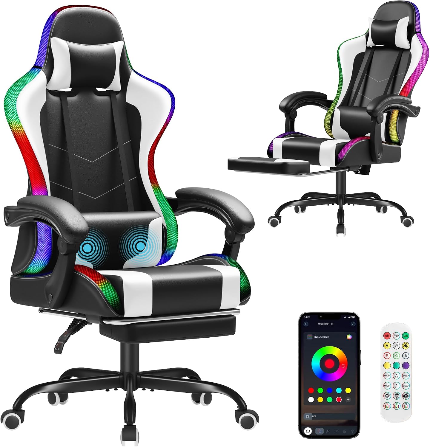 Sofas - Homall Gaming-Stuhl, ergonomischer PC-Stuhl, Massage-Lendenstütze, RGB