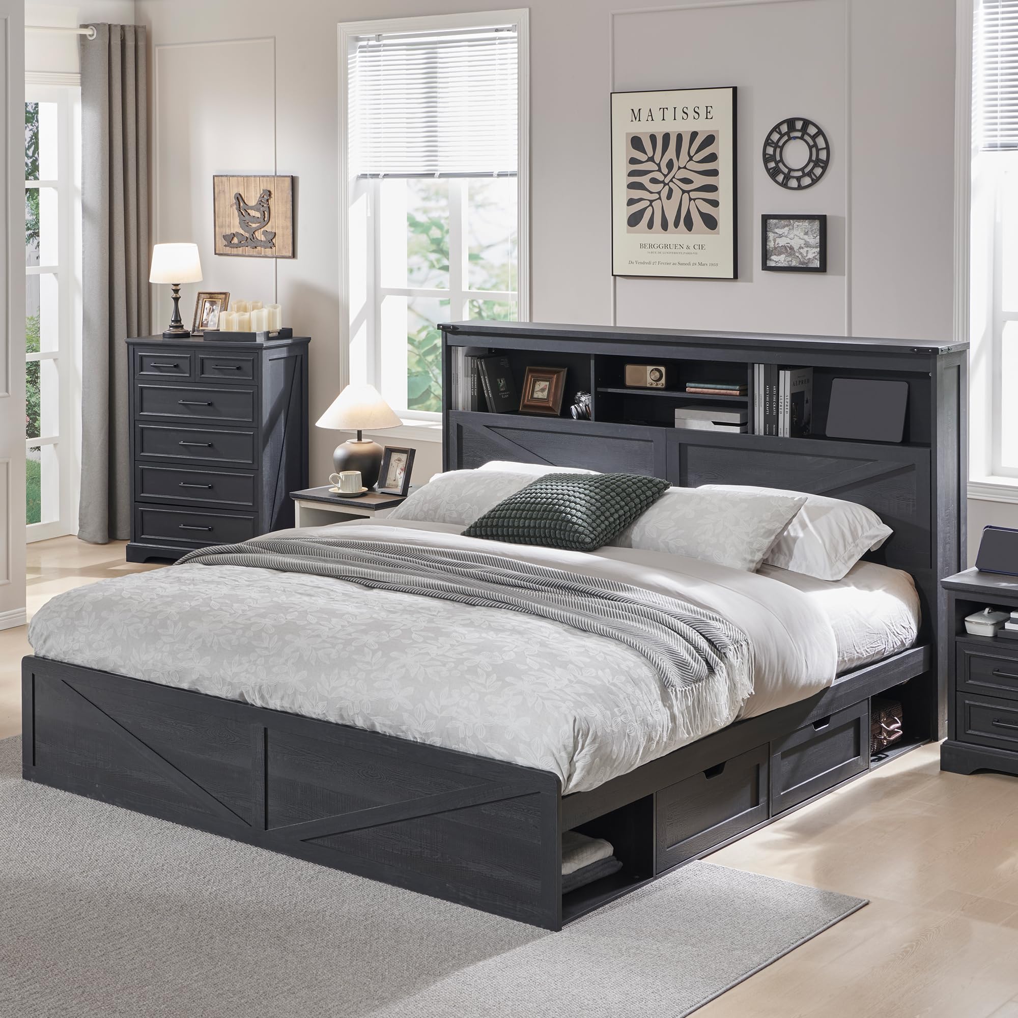 Bettgestell im Landhausstil, K – King Size Bed Frame With Storage Drawers Bewertung und Preis