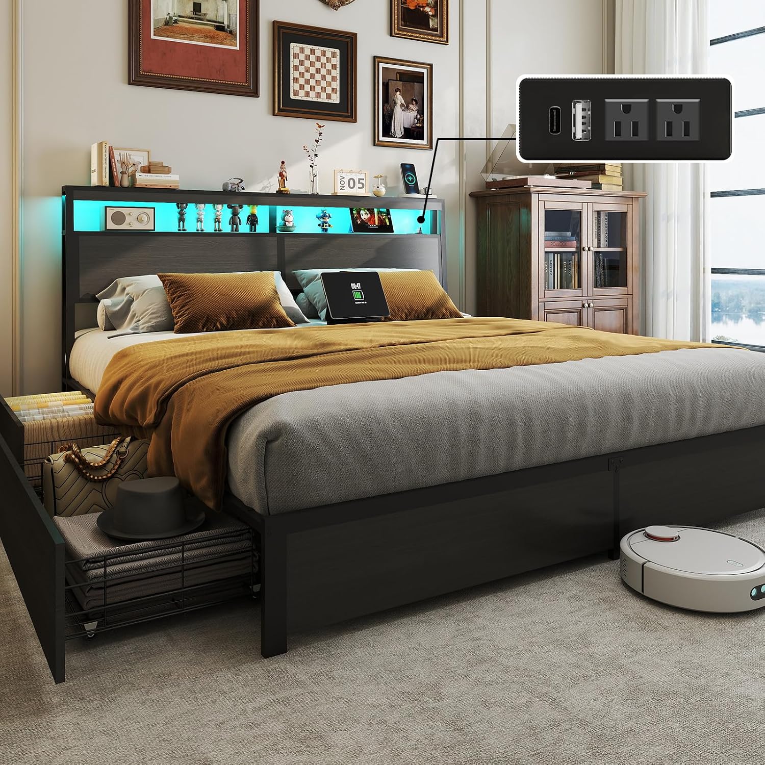 Kingsize-Bettgestell mit LED-B – King Size Bed Frame With Storage Drawers Bewertung und Preis