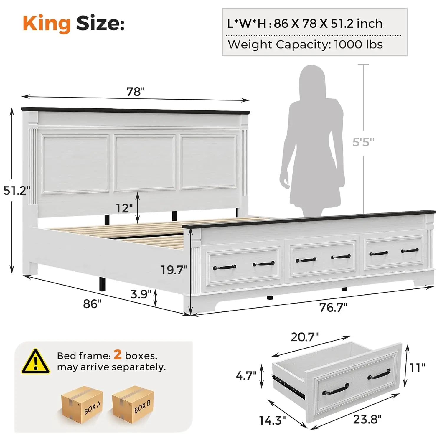 Bauernhaus-Bettgestell in King – King Size Bed Frame With Storage Drawers Bewertung und Preis