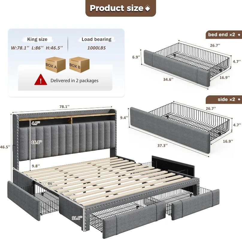 EnHomee Polsterbett mit Kingsi – King Size Bed Frame With Storage Drawers Bewertung und Preis