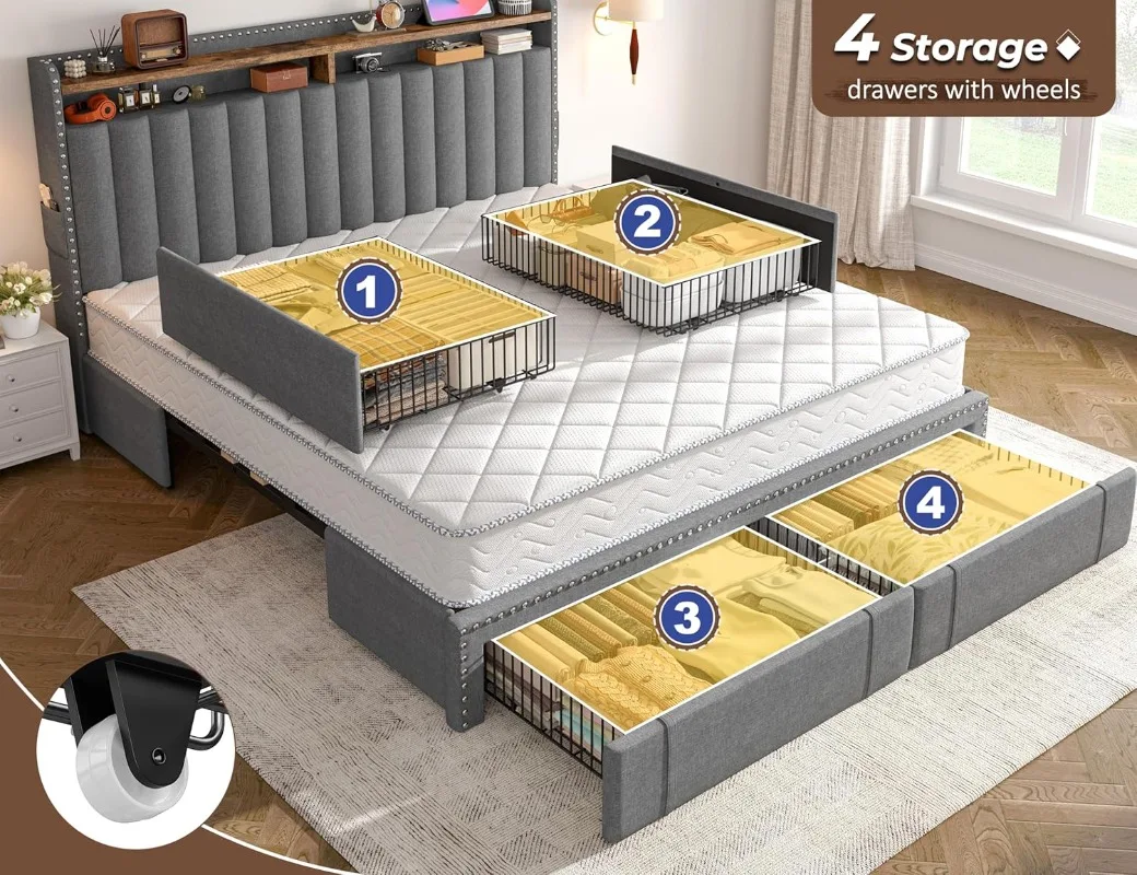 EnHomee Polsterbett mit Kingsi – King Size Bed Frame With Storage Drawers Bewertung und Preis