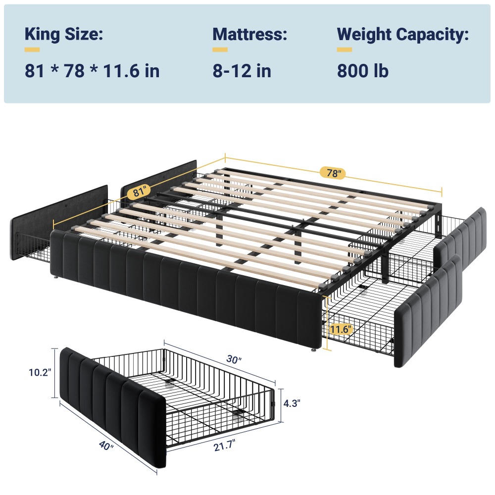 King-Size-Plattformbettgestell – King Size Bed Frame With Storage Drawers Bewertung und Preis