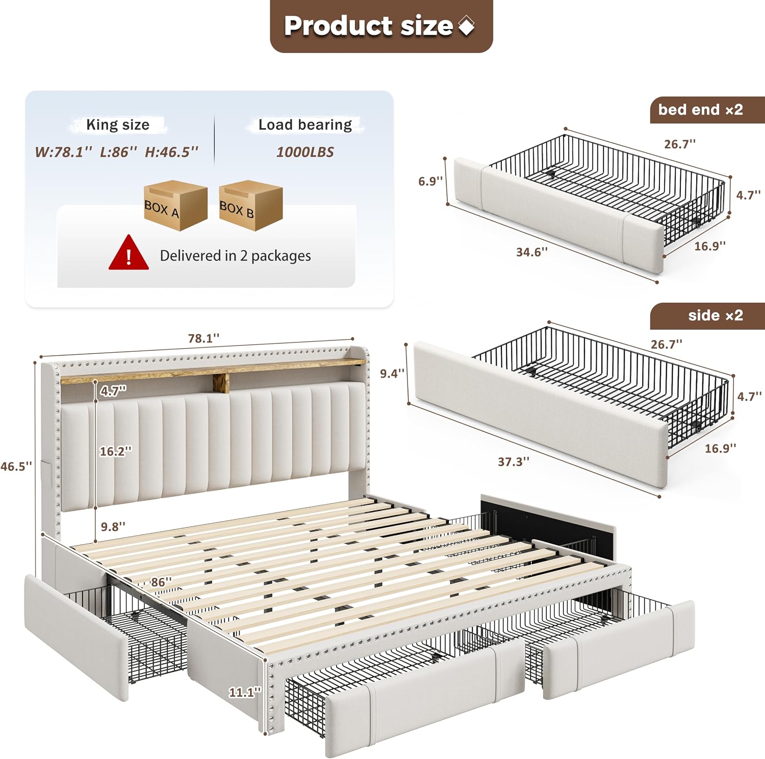Kingsize-Bettgestell mit 4 Sch – King Size Bed Frame With Storage Drawers Bewertung und Preis