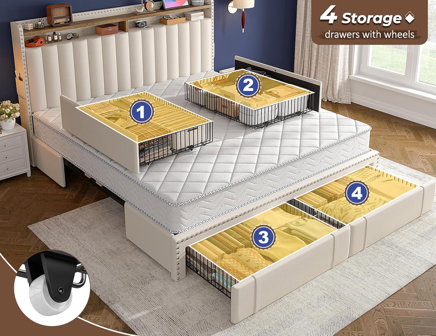 Kingsize-Bettgestell mit 4 Sch – King Size Bed Frame With Storage Drawers Bewertung und Preis